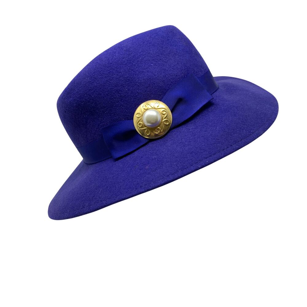 Geo W Bollman Doeskin Felt Fedora Hat Royal Blue Wide Brim Pearl Button